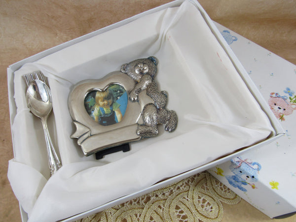 Vintage Silverplate Baby Gift Set Teddy Bear Silver Plate Frame Silver Plate Spoon Fork Feeding Set