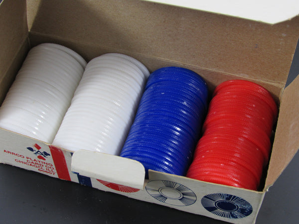 Vintage Box of Plastic Poker Chips Embossed Red White Blue in Original Box USA Poker Party Game Night Man Cave Crafting