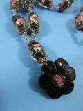 Vintage Glass Floral Bead Necklace With Black Shell Floral Shaped Pendant Asian Art Nouveau Inspired Style Cloisonne Style