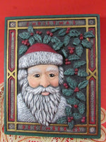 Vintage Ceramic Bisque Hand Painted Plaque Wall Hanging Santa card Scioto #1773 Circa 1989 Victorian Christmas December Home Decor Folk Art