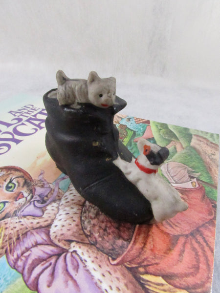 Vintage Miniature Porcelain Shoe Figurine Boot With Cat and Dog Nick Knack Japan Collectibles Curio Cabinet