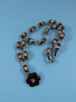 Vintage Glass Floral Bead Necklace With Black Shell Floral Shaped Pendant Asian Art Nouveau Inspired Style Cloisonne Style