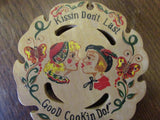 Vintage Wooden Trivet Hand Painted PA Dutch Folk Art Style Kitschy Kitchen Decor Mid Century Home Kissin Don't Last Cookin Do