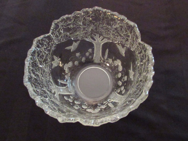 Vintage Mikasa Crystal Bowl True Love Raised Relief Pattern Trees Birds Scalloped Edge Clear Embossed Salad Serving Bowl Germany