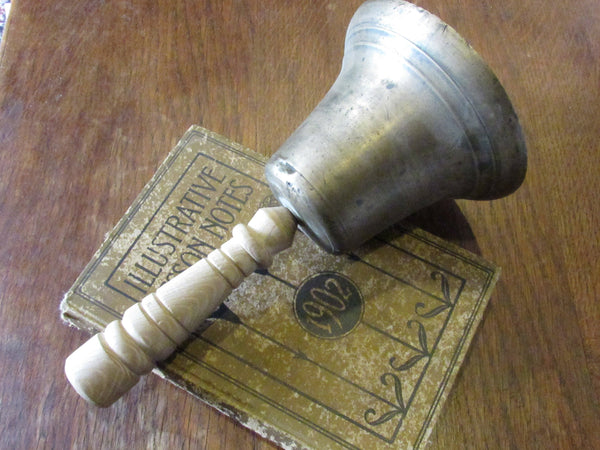 Vintage SCHOOL Brass Hand Bell Wooden Primitive Handle Colonial Williamsburg Style Oversized Dinner Bell 10 in Tall