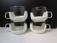 Vintage Mod Coffee/Tea Cups Plastic Holder Glass Insert Stacking Mugs Space Age Set of 4