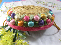 Vintage Hand Woven Straw Basket Fruit Trim Raffia Basket Summer Serving Home Decor Tabletop Round or Rectangular Woven Basket EACH