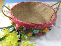 Vintage Hand Woven Straw Basket Fruit Trim Raffia Basket Summer Serving Home Decor Tabletop Round or Rectangular Woven Basket EACH