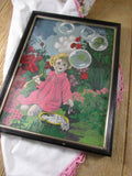 Vintage Wall Art Little Girl Bubbles Framed Nursery Victorian Style Wall Hanging Home Decor Child in Garden Bubble Making