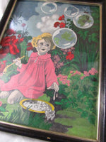 Vintage Wall Art Little Girl Bubbles Framed Nursery Victorian Style Wall Hanging Home Decor Child in Garden Bubble Making