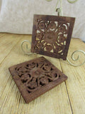 Vintage Wooden Hanging Trivet Primitive Wood Wall Hanging Plant Stand Candle Holder Ethnic Handmade India Home Kitchen Decor Set 2 Boho