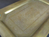 Vintage Brass Serving Tray Hexagon Shape Embossed Decorative Tray Cordial Vanity Tray Dutch Genre Scene Tray with Handles