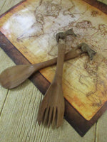 Vintage Primitive Hand Carved Wooden Salad Servers African Carved Wood Zebras Tribal Serving Fork Spoon Set Tabletop Travel Gift Idea