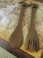 Vintage Primitive Hand Carved Wooden Salad Servers African Carved Wood Zebras Tribal Serving Fork Spoon Set Tabletop Travel Gift Idea