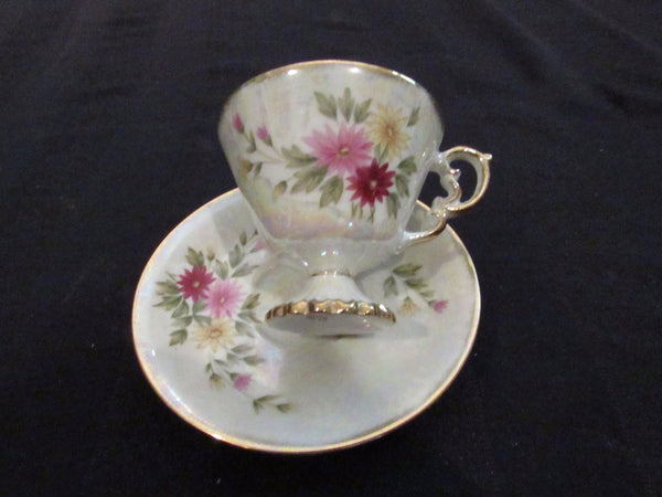 Vintage Porcelain September Aster Flower Tea Cup Footed Iridescent 