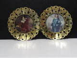 Antique Round Brass Wall Hangings French Regency Style Wall Art Butterfly Frame Iconic Blue Boy & The Boy in Red  Print