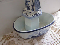 Vintage Delf Style Windmill Planter Blue and White Chinoisserie Cottage Chic Knick Knack Collectible