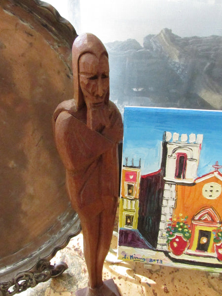 Vintage Hand Carved Wooden Monk Folk Art Primitive Wood Priest Saint Gothic Alter Prayer Room Statue Mexico