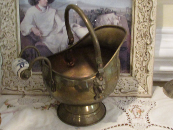 Vintage Brass Ash Pot Coal Scuttle Bucket Planter Delft Handle British Colonial Traditonal Style