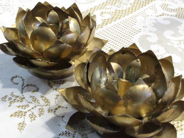 Vintage Metal Flower Candle Holders Hong Kong Lotus Candleholders Cottage Chic Decor Shabby Chic Vintage Patina