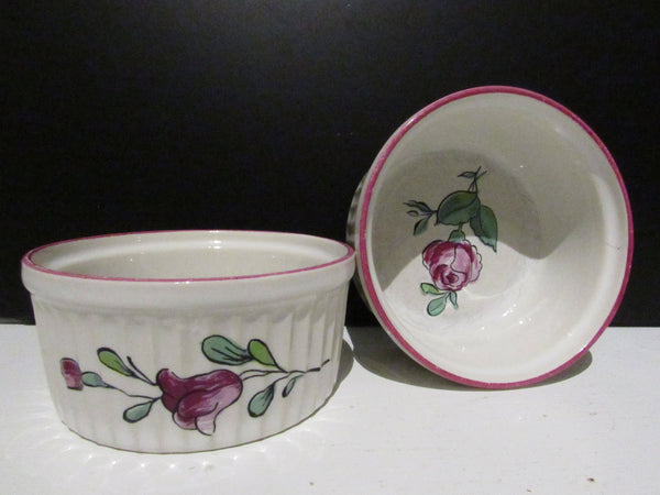 Vintage Porcelain a Feu Ramekins Souffle Dishes Custard Cups VESTAL France Strasbourg Rose Set of 2 French Cookware