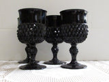 Cameo Black DIAMOND POINT Glass Wine/Water Glasses Indiana Glass Set of 4 Wine Goblets American Gothic  1970s