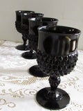 Cameo Black DIAMOND POINT Glass Wine/Water Glasses Indiana Glass Set of 4 Wine Goblets American Gothic  1970s