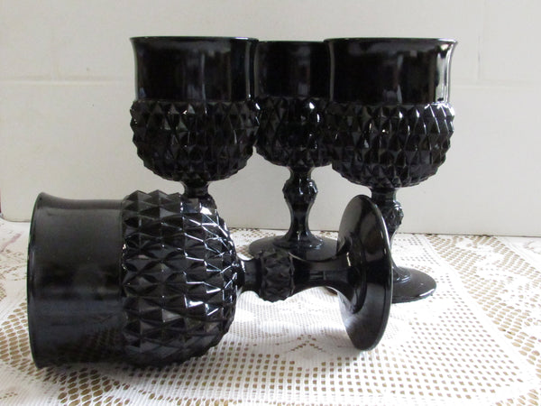 Cameo Black DIAMOND POINT Glass Wine/Water Glasses Indiana Glass Set of 4 Wine Goblets American Gothic  1970s