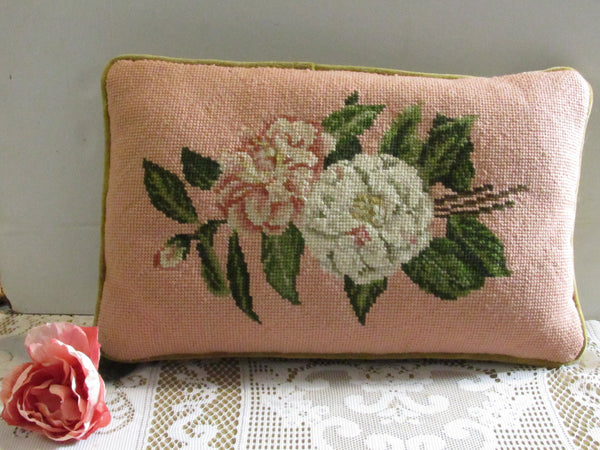 Vintage Needlepoint Throw Pillow Floral Pattern Velvet Back Cottage Chic Decor