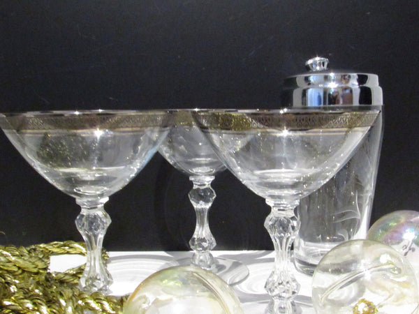 Vintage Crystal Coupes Silver Band Mid Century Bar Etched Retro Cocktail Shaker Set Of 3 Coupes/Shaker