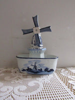 Vintage Delf Style Windmill Planter Blue and White Chinoisserie Cottage Chic Knick Knack Collectible