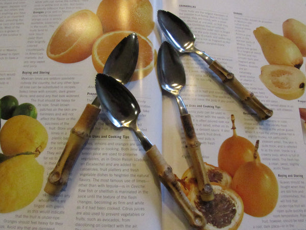 Vintage Bamboo Handle Citrus Spoons Mid Century Grapefruit Spoons Set of 4 RARE find