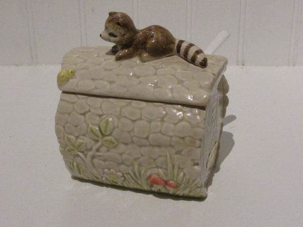 Vintage Ceramic Raccoon On Log Nut Bowl Candy Dish Gibson Greeting Cards Hand Painted Japan