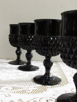 Cameo Black DIAMOND POINT Glass Wine/Water Glasses Indiana Glass Set of 4 Wine Goblets American Gothic  1970s