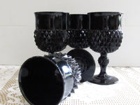 Cameo Black DIAMOND POINT Glass Wine/Water Glasses Indiana Glass Set of 4 Wine Goblets American Gothic  1970s