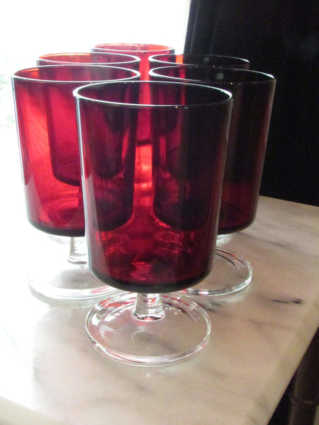 Vintage Red Glassware, 6 Etched Red Wine Glass Set, Mid Century