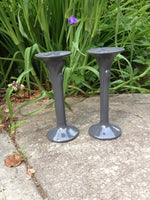 Vintage Pedestal Candle Holders, Lavender Gray Ceramic Candle Sticks, Slate Blue Candlesticks, 1980s Art Deco Large Tall Candle Holders