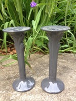 Vintage Pedestal Candle Holders, Lavender Gray Ceramic Candle Sticks, Slate Blue Candlesticks, 1980s Art Deco Large Tall Candle Holders