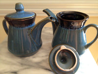 Vintage Tea Pot Blue Drip Art Pottery Teapot Blue Brown Glaze Teapot CA Pantry