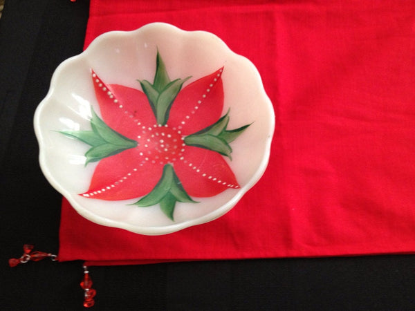 Hand Painted Red Flower Milk Glass Bowl, Poinsettia Christmas Candy Dish, Milk Glass Pedestal Bowl, Footed Bowl, Poinsettia Candy Dish