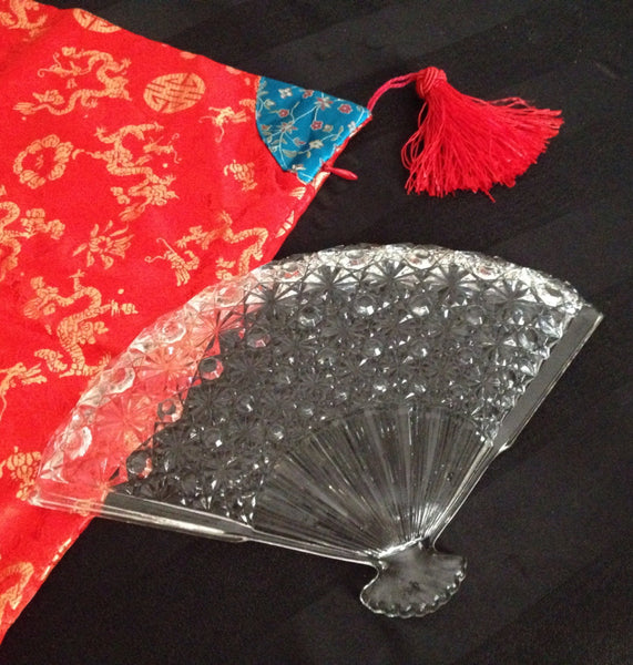 Vintage Pressed Glass Chinese Fan Trinket Dish Catch All Dish Vanity Dresser Tray