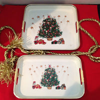 Vintage Christmas Tree Serving Trays Set of 2 Lacquered Trays Toyo Japan rattan Handles