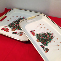 Vintage Christmas Tree Serving Trays Set of 2 Lacquered Trays Toyo Japan rattan Handles