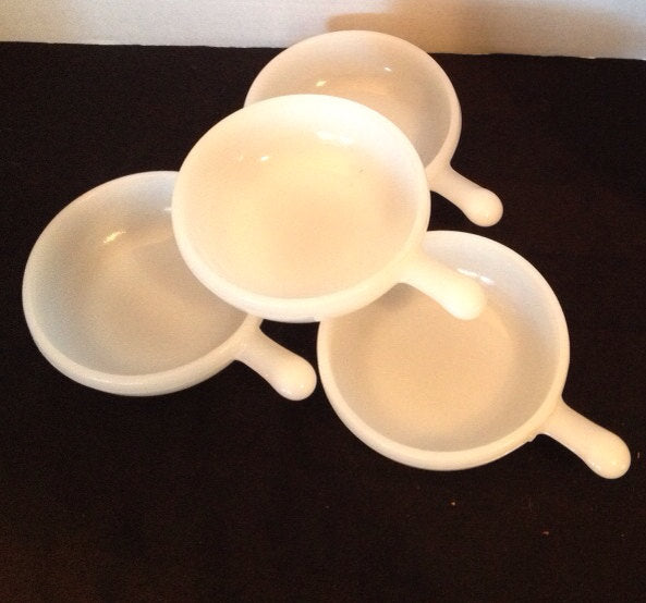 Vintage Glasbake Milk Glass Handled Soup Bowls W/Lids Made in USA