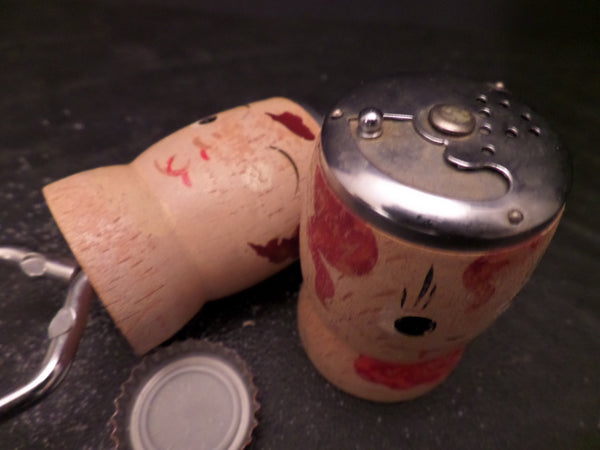 Vintage Wooden Hand Painted Bottle Opener Salt Shaker Japan Mid Century  Painted Faces