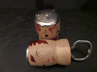 Vintage Wooden Hand Painted Bottle Opener Salt Shaker Japan Mid Century  Painted Faces