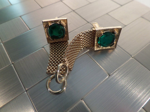 Vintage Green Cabochon Cuff Links Dangle Style