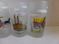 Vintage Libbey Frosted Cocktail Glasses Early Transportation Theme Horse Car Riverboat Covered Wagon Set of 4
