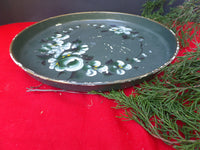 Vintage Tole Round Tray Hand Painted Floral Green Perfume Cordial Cocktail Vanity Tray French Cottage Chic