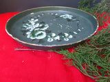 Vintage Tole Round Tray Hand Painted Floral Green Perfume Cordial Cocktail Vanity Tray French Cottage Chic